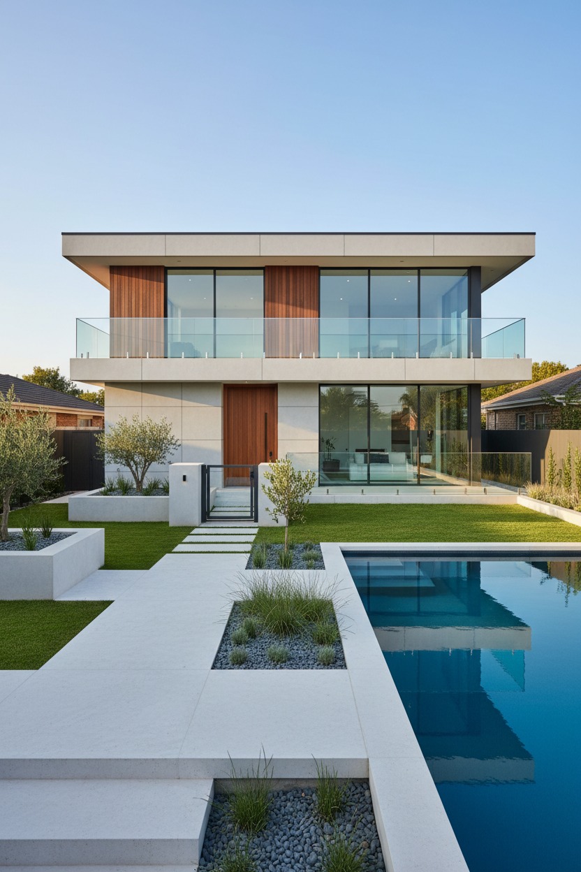 A modern two-story house with a flat roof, wood accents, and a glass balcony overlooks a swimming pool and a landscaped yard.